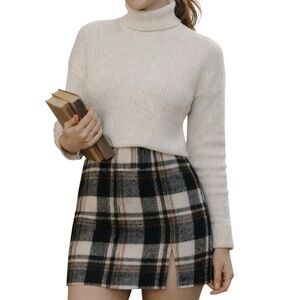 Sunland17 Plaid Mini Skirt Thigh Slit Academia Neutral Black Tan Cream Size M